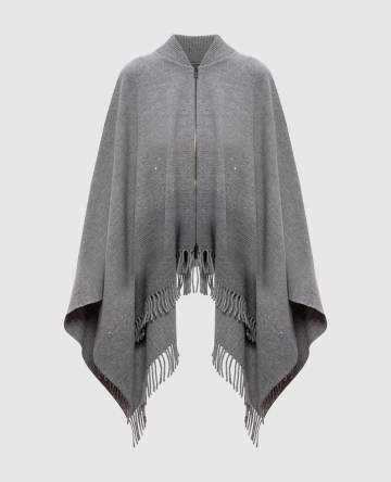 Серое пончо из шерсти и кашемира с бахромой