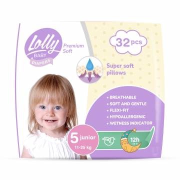 Подгузники Lolly Premium Soft Junior размер 5 (11-25 кг), 32 шт Подгузники Lolly Premium Soft Junior размер 5 (11-25 кг), 32 шт