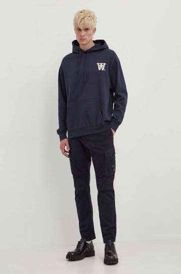Хлопковая кофта Wood Wood Cass AA Moss Embroidery Hoodie мужская цвет синий с капюшоном с аппликацией 10285606.2424 Хлопковая кофта Wood Wood Cass AA Moss Embroidery Hoodie мужская цвет синий с капюшоном с аппликацией 10285606.2424