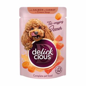 Влажный корм для взрослых собак Delickcious Полоски с лососем и морковью в крем супе, 85 г Влажный корм для взрослых собак Delickcious Полоски с лососем и морковью в крем супе, 85 г