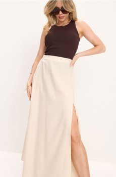 Спідниця міді з розрізом з віскозою та домішкою льону - бежевий