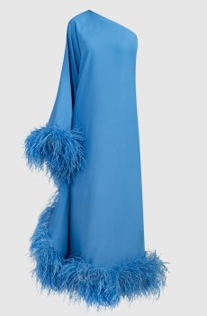 Голубое асимметричное платье Balear с перьями страуса