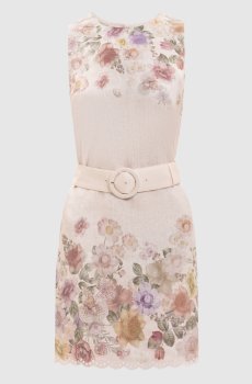 Бежевое платье из льна в цветочный принт