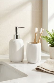 Керамічний набір для ванної кімнати з рифленням – дозатор і стакан - білий