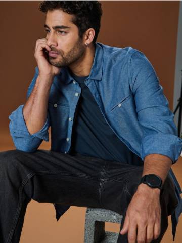 Сорочка зі змішаною тканиною з льоном - синій