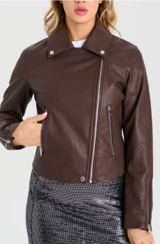 Байкерська куртка зі штучної шкіри - темно коричневий