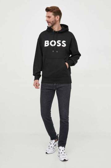 Хлопковая кофта BOSS мужская цвет чёрный с капюшоном с принтом Хлопковая кофта BOSS мужская цвет чёрный с капюшоном с принтом