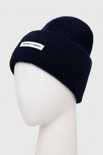 Шерстяная шапка Emporio Armani цвет синий из толстого трикотажа шерсть Шерстяная шапка Emporio Armani цвет синий из толстого трикотажа шерсть