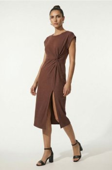 Сукня міді з декоративними зборками зі змішаної віскози - темно коричневий