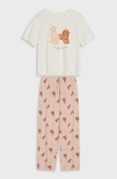 Бавовняна двочастинна піжама з малюнком собак - кремовий