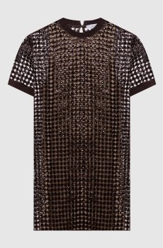 Коричневое ажурное платье из шелка и льна с пайетками