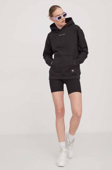 Хлопковая кофта Tommy Jeans женская цвет чёрный с капюшоном с аппликацией Хлопковая кофта Tommy Jeans женская цвет чёрный с капюшоном с аппликацией