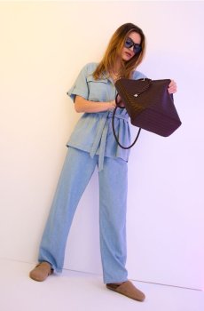 Джинсова сорочка з зав’язуванням і домішкою льону - синій