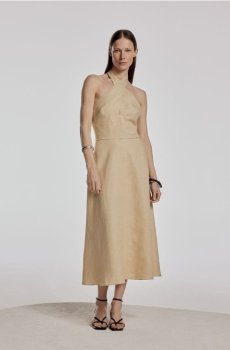 Reserved - Сукня з льону з поясом - бежевий - 554EI-08X