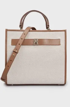Женская бежевая сумка TH LOGO LEATHER MED SATCHEL CAN Бежевый ONESIZE Tommy Hilfiger AW0AW16196