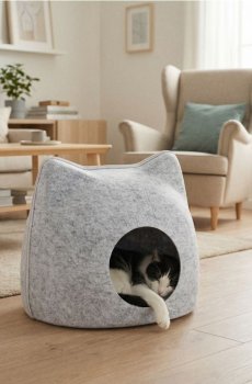 Будиночок для кота з фетровим оздобленням - сірий