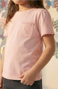 Бавовняна футболка з нагрудною кишенею та мереживним оздобленням - рожевий