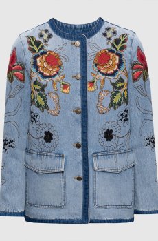 Голубая джинсовая куртка с цветочной аппликацией