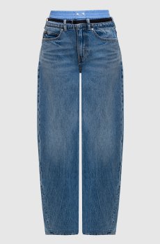 Синие джинсы-бананы с фактурным логотипом