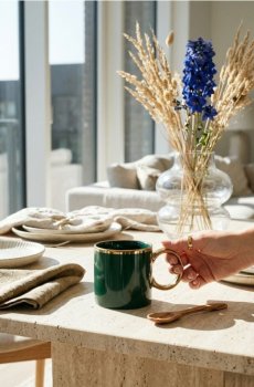 Горня із золотою ручкою - синьо-зелений