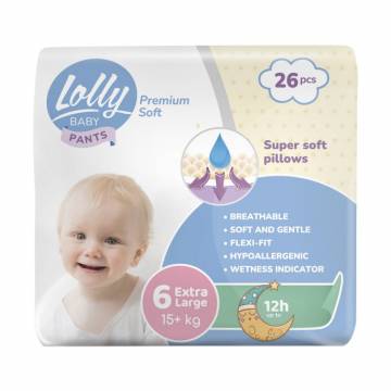 Подгузники-трусики Lolly Premium Soft Extra Large размер 6 (15+ кг), 26 шт Подгузники-трусики Lolly Premium Soft Extra Large размер 6 (15+ кг), 26 шт