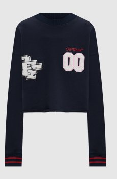 Синий укороченный свитшот с фактурными нашивками