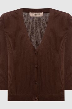 Коричневый укороченный кардиган в рубчик с шелком