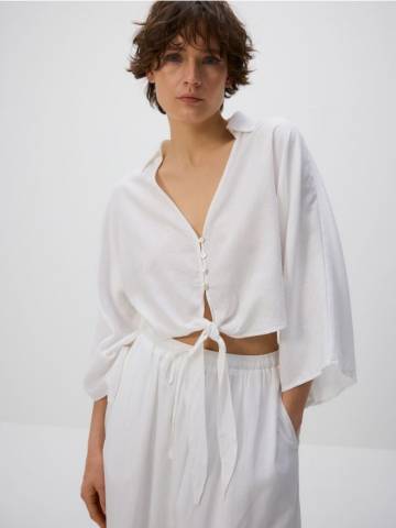 Reserved - Лляна сорочка з завязкою - білий - RX799-00X