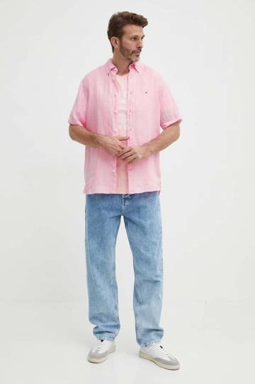 Льняная рубашка Tommy Hilfiger цвет розовый regular воротник button-down MW0MW35207 Льняная рубашка Tommy Hilfiger цвет розовый regular воротник button-down MW0MW35207