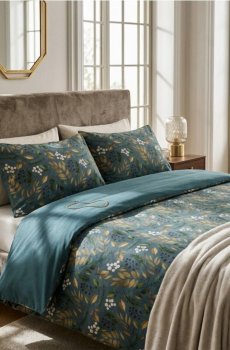 Комплект постільної білизни з принтом "листя" - темно-бірюзовий