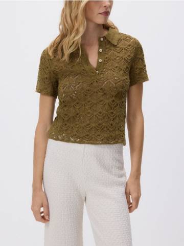 Reserved - Ажурна поло-футболка - світло-оливковий - WU854-81X