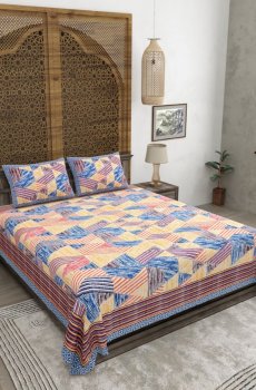 CLOTHOLOGY Royal Blue Hatched Geometric Mosaic Heritage 180 TC Cotton King Bedsheet with 2 Pillow Cover