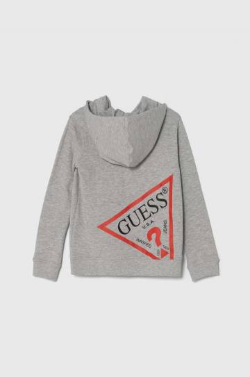 Детская хлопковая кофта Guess цвет серый с капюшоном с принтом Детская хлопковая кофта Guess цвет серый с капюшоном с принтом