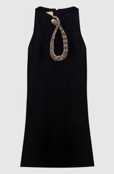 Черное платье мини из шерсти и шелка с аппликацией