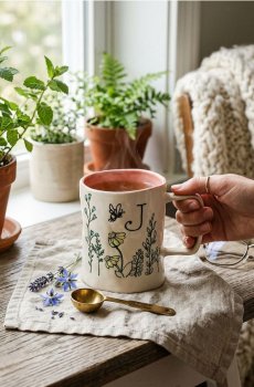 Чашка з вручну намальованим візерунком - персиковий