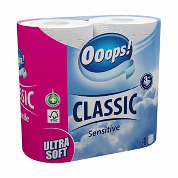 Туалетная бумага Ooops! Classic Sensitive белая, 3-слойная, 4 рулона Туалетная бумага Ooops! Classic Sensitive белая, 3-слойная, 4 рулона