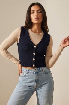 Бавовняна жилетка з декоративними гудзиками - темно-синій