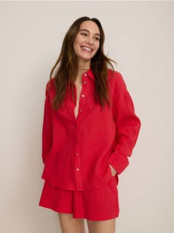Reserved - Сорочка oversize з муслінової бавовни - червоний - 161BV-33X