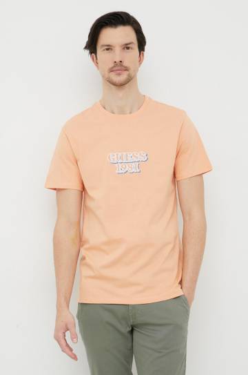Хлопковая футболка Guess цвет оранжевый с аппликацией Хлопковая футболка Guess цвет оранжевый с аппликацией