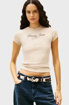 Женская бежевая футболка LOGO Бежевый XXS Tommy Jeans DW0DW21838