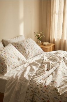 Бавовняний комплект постільної білизни з квітами - кремовий