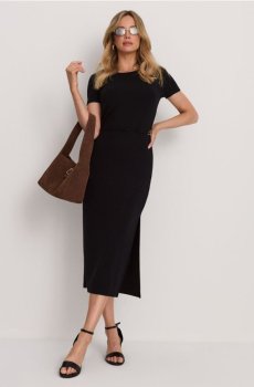 Трикотажна сукня міді з декоративним поясом з віскозою - чорний