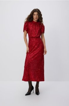 Reserved - Паєткова сукня з пишними рукавами - червоний - 146HI-33X
