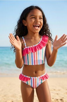 Двокомпонентний купальник з кольоровими смужками та рюшами - різнобарвний