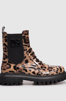 Детские коричневые кожаные глянцевые ботинки в анималистичный принт