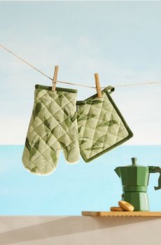 Кухонна рукавиця та прихватка з квітами - блідо-зелений