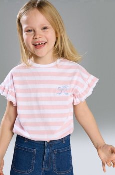 Футболка в смужку з вишивкою та воланами - рожевий