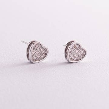 Серебряные серьги - пусеты "Сердечка" с фианитами 121661 Серебряные серьги - пусеты "Сердечка" с фианитами 121661