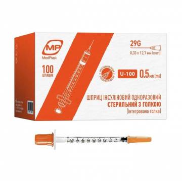 Шприц инъекционный инсулиновый MedPlast U-100, размер 29G, 0.33*12.7 мм, 0.5 мл (100 шт) Шприц инъекционный инсулиновый MedPlast U-100, размер 29G, 0.33*12.7 мм, 0.5 мл (100 шт)