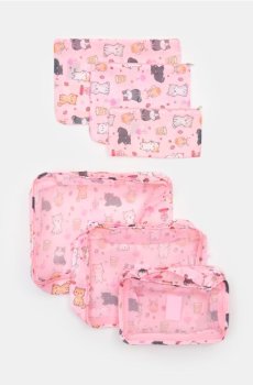 Набір органайзерів для валізи з котячим принтом – 6 штук - рожевий